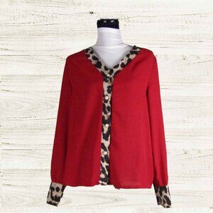 Unbranded XL womens top red with brown leopard accents long sleeves